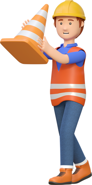 construction worker holding road cone 3d cartoon illustration