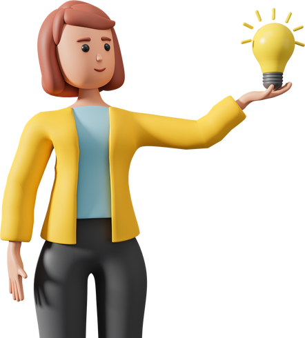 3D illustration of woman holding light bulb